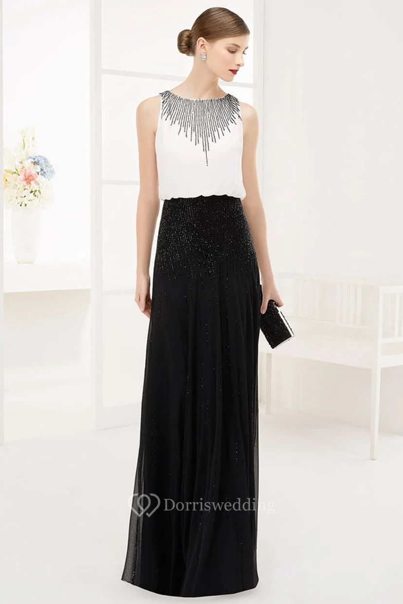 Bateau Sleeveless Chiffon Long Prom Dress With Sequins And Back Keyhole