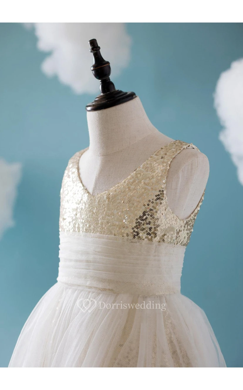Empire V Neck Sleeveless Tulle Ball Gown With Sequins and Bandage view 5