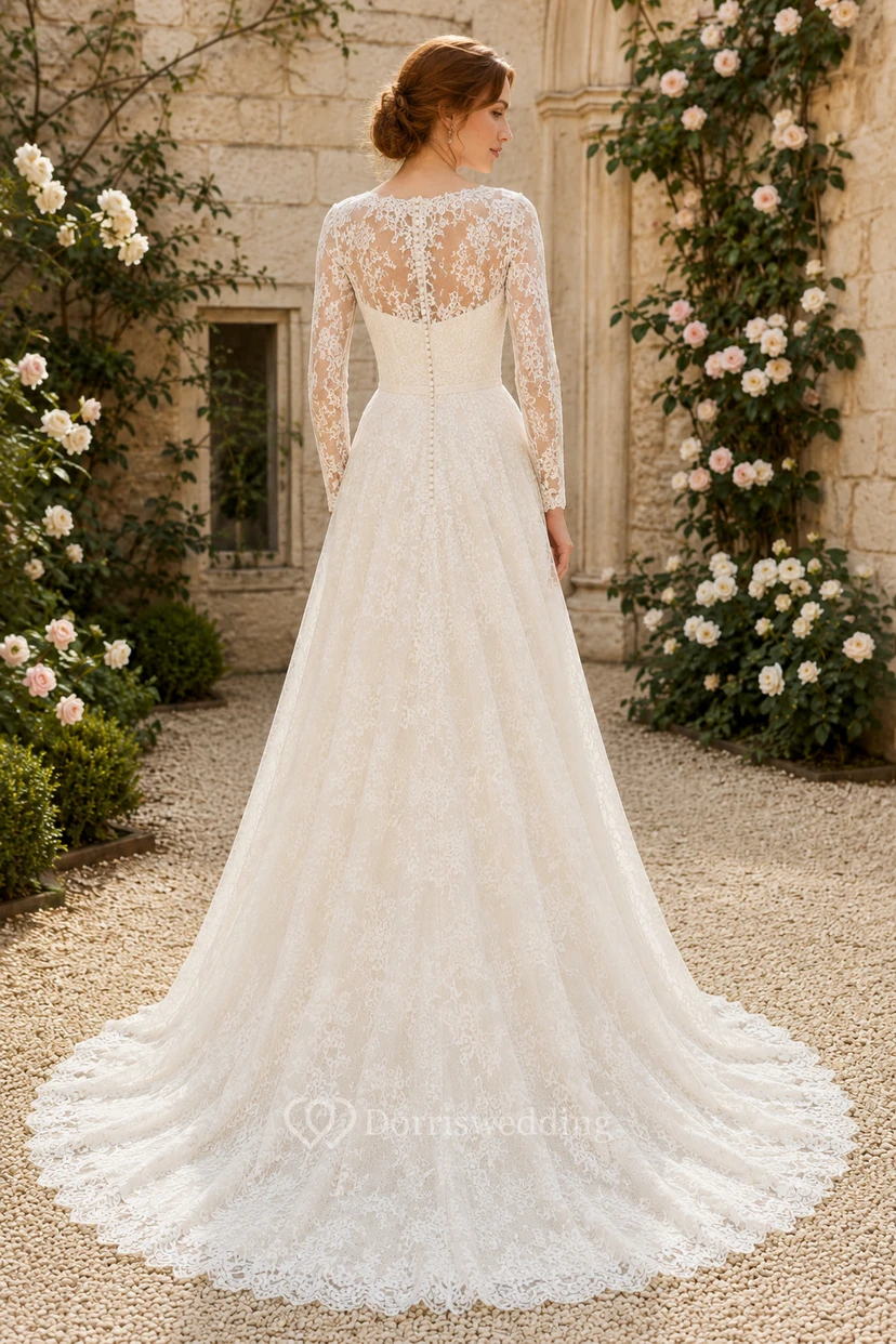 Robe de mariée en dentelle et tulle, coupe trapèze, bustier cœur, manches longues, traîne. view 2