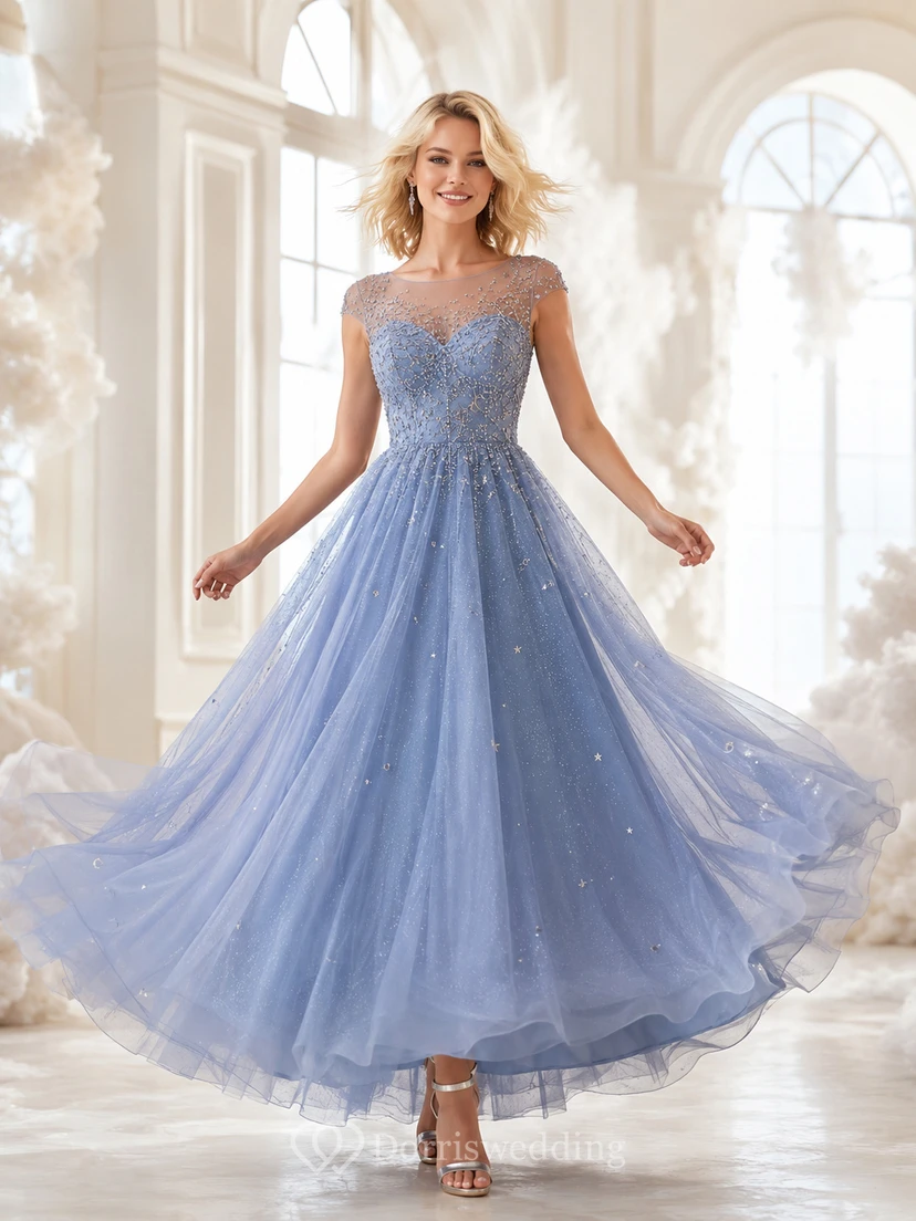 Vestido de cóctel de fiesta de corte A, largo midi, de tul azul cielo con hombros descubiertos y detalles de cuentas.