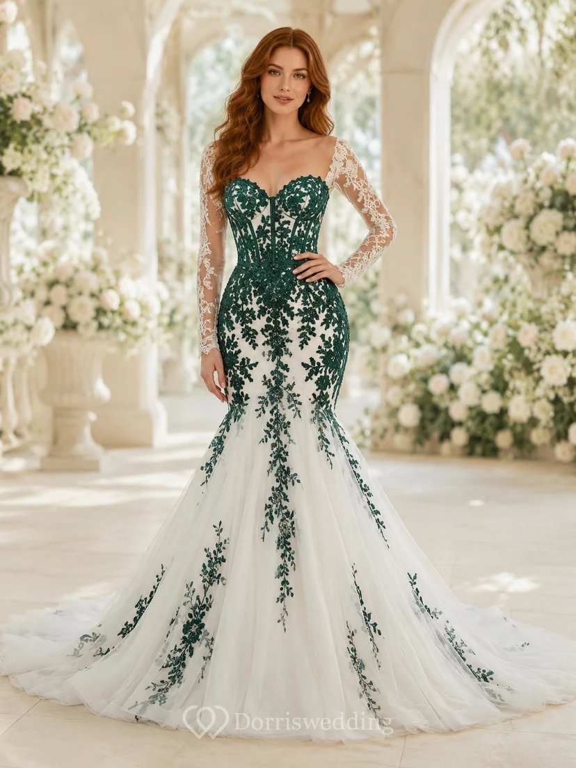Emerald Garden Brautkleid im Meerjungfrauen-/Trompetenstil mit V-Ausschnitt, langen Ärmeln und Schleppe – romantisch und elegant