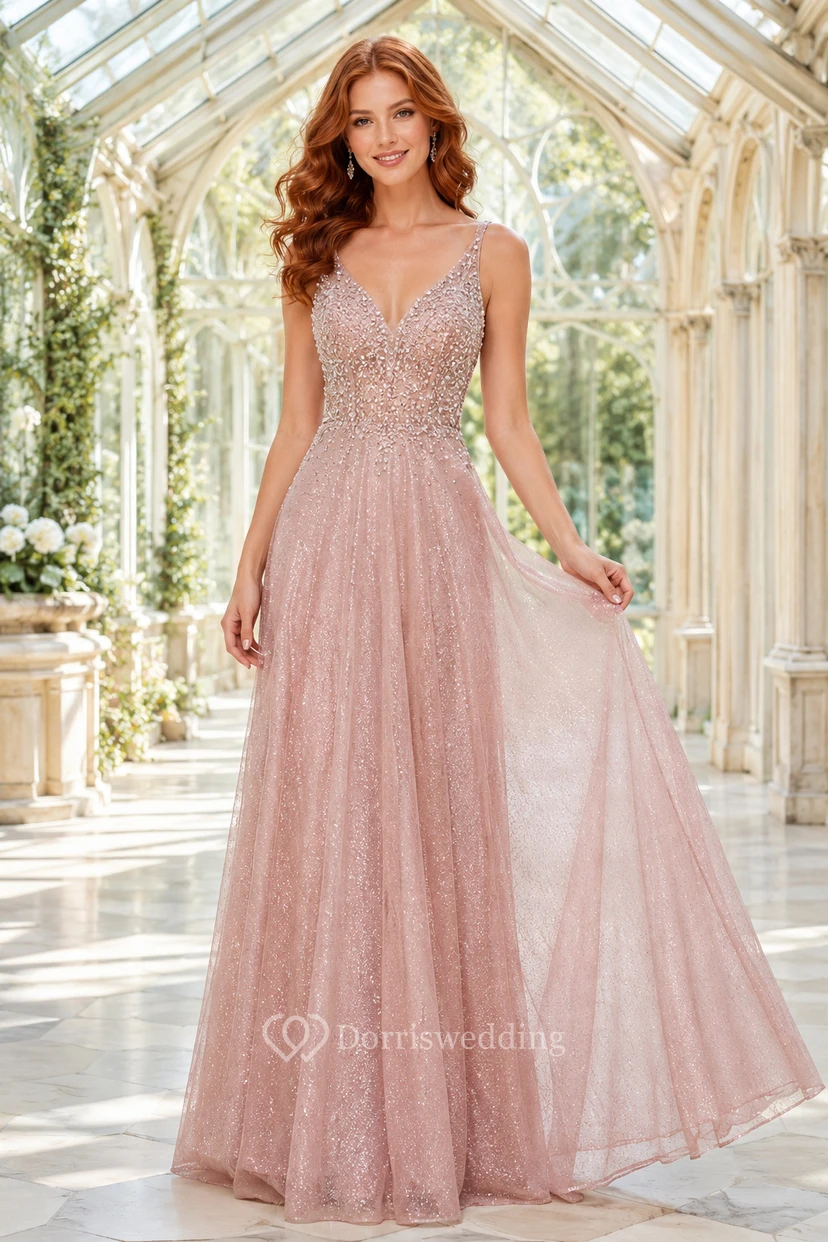 Ballkleid aus rosafarbenem Tüll, A-Linie, V-Ausschnitt, ärmellos, Pailletten und Perlen, bodenlang