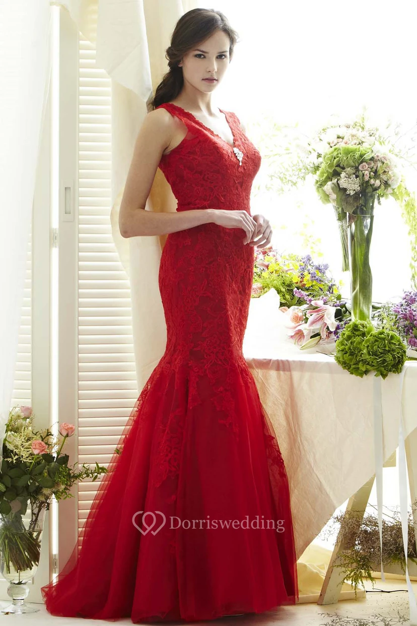 Meerjungfrauen-Abendkleid mit Applikationen, V-Ausschnitt, bodenlang, ärmellos, aus Spitze, tiefem V-Ausschnitt am Rücken und Brosche view 2