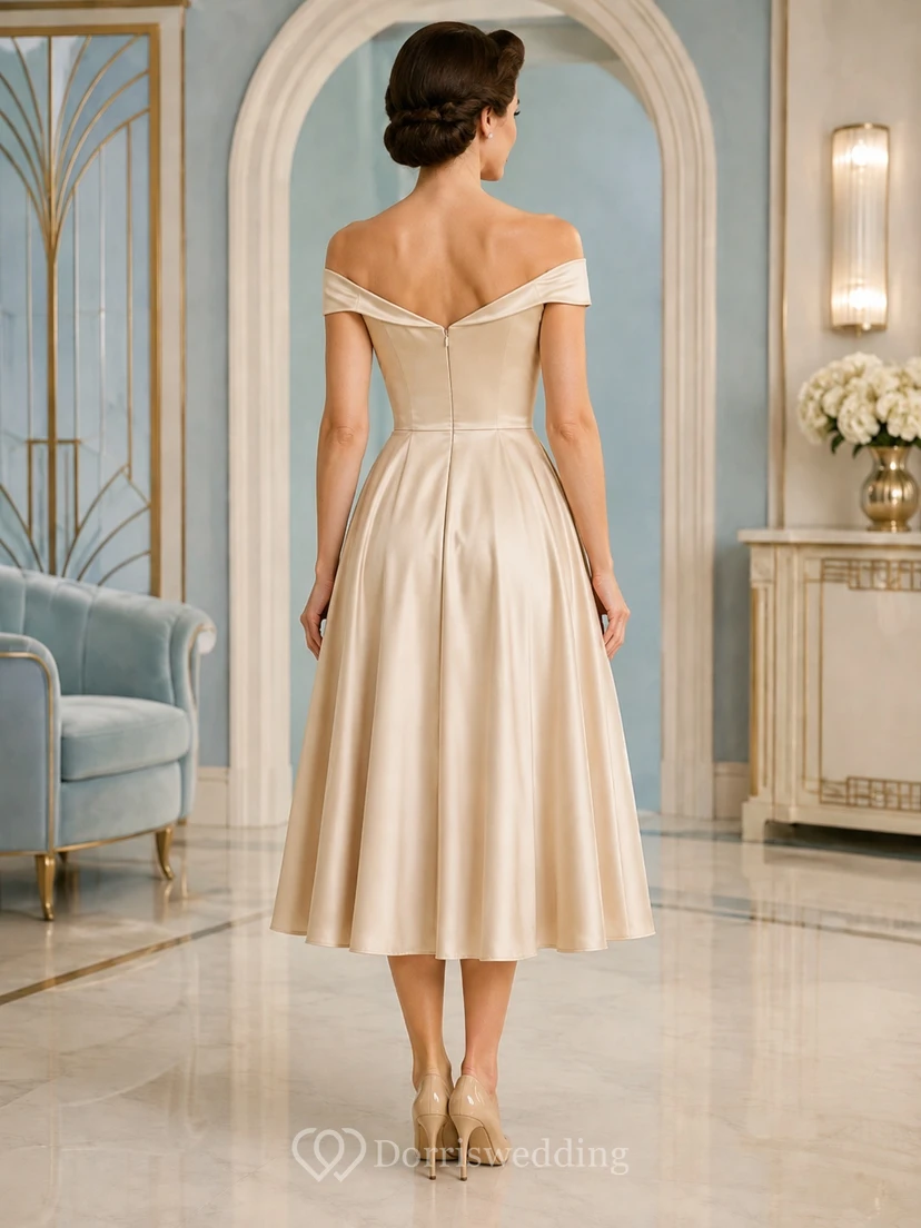 Vintage Champagne Off-Shoulder Sweetheart Satin A-Line Tea-Length Elegant Reception Cocktail Dress view 2