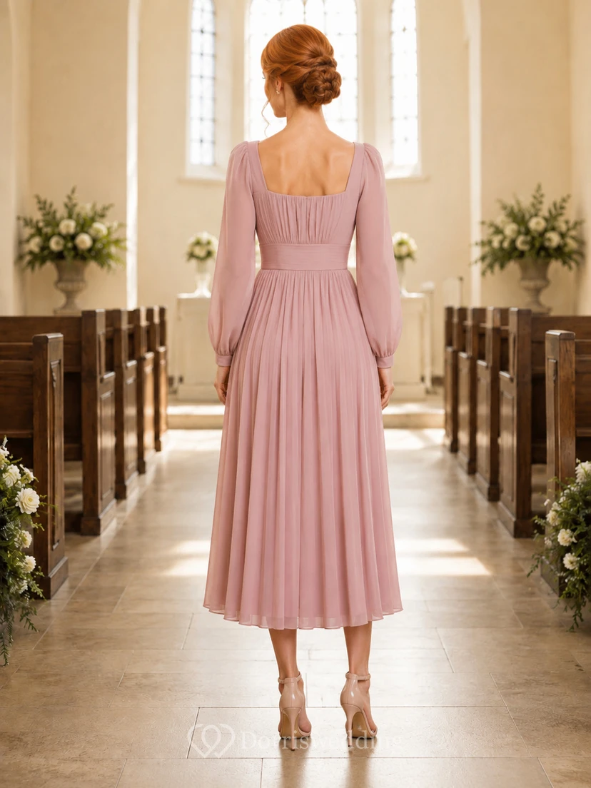 Church Dusty Rose Square Neck Chiffon A-Line Tea-Length Long Sleeve Dress view 2