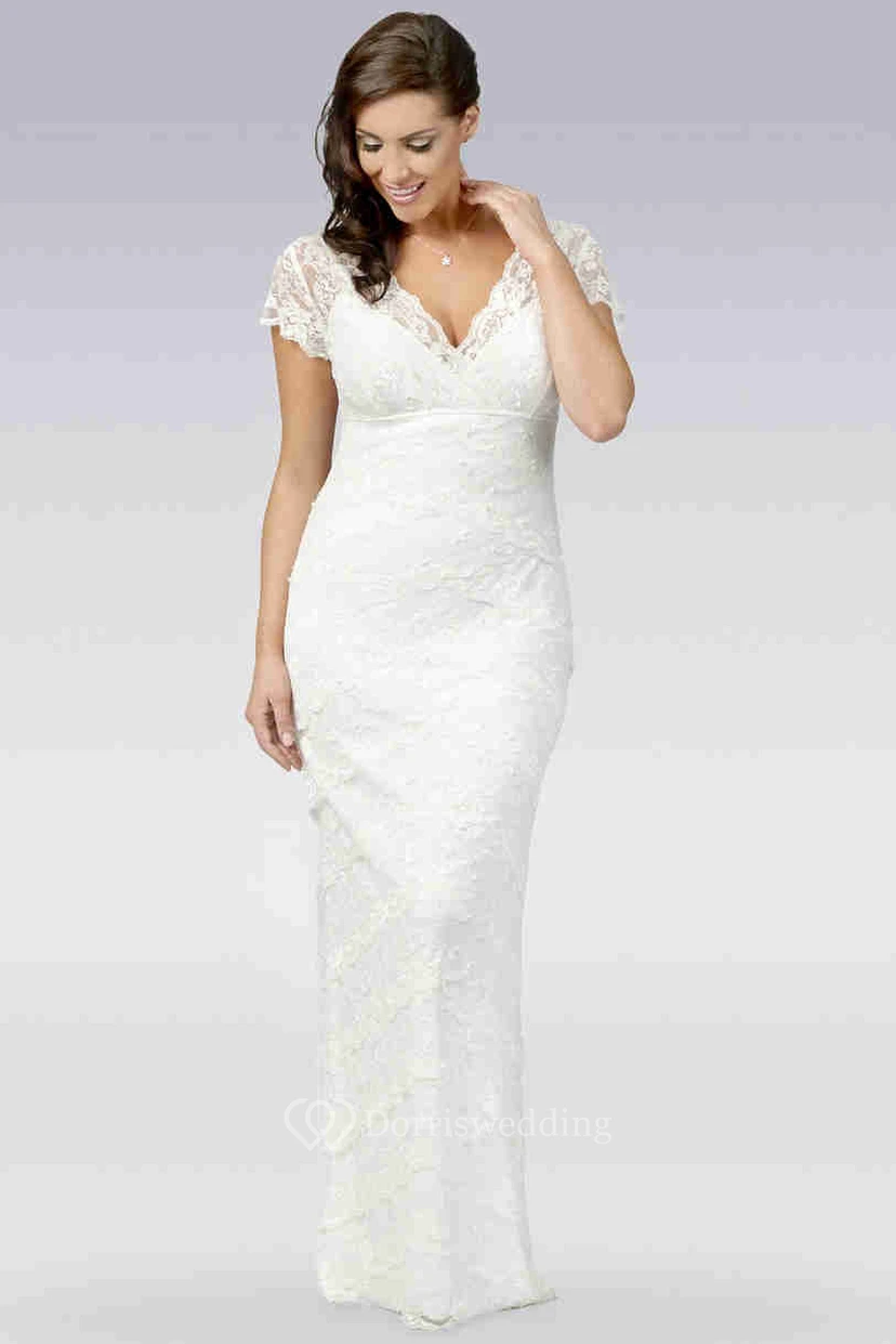 Sheath V-Neck Cap-Sleeve Lace Wedding Dress view 3