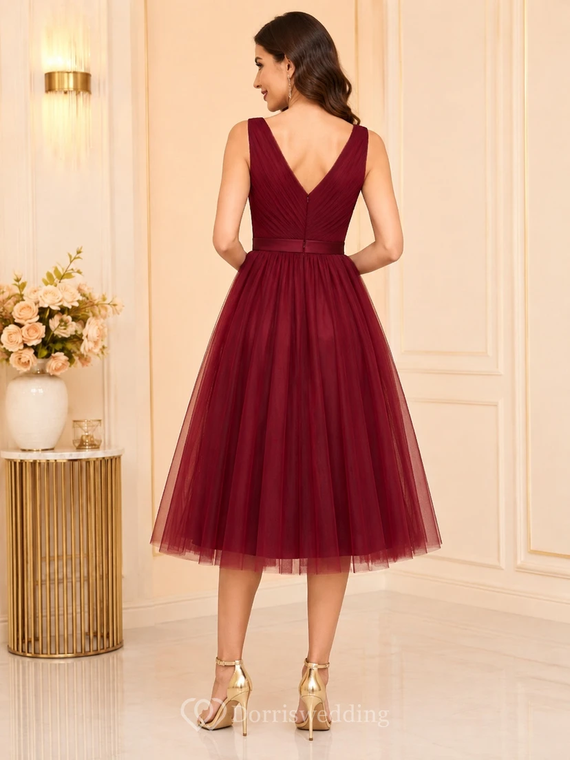 Vintage Burgundy V-Neck Sleeveless Tulle A-Line Tea-Length Formal Cocktail Dress view 2