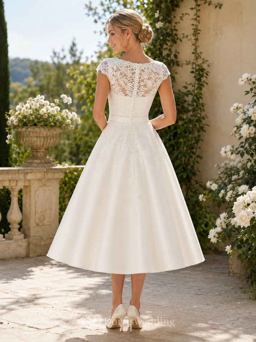 Classic Tea-Length Bateau Cap Sleeve Satin Lace Vintage Wedding Dress view 2