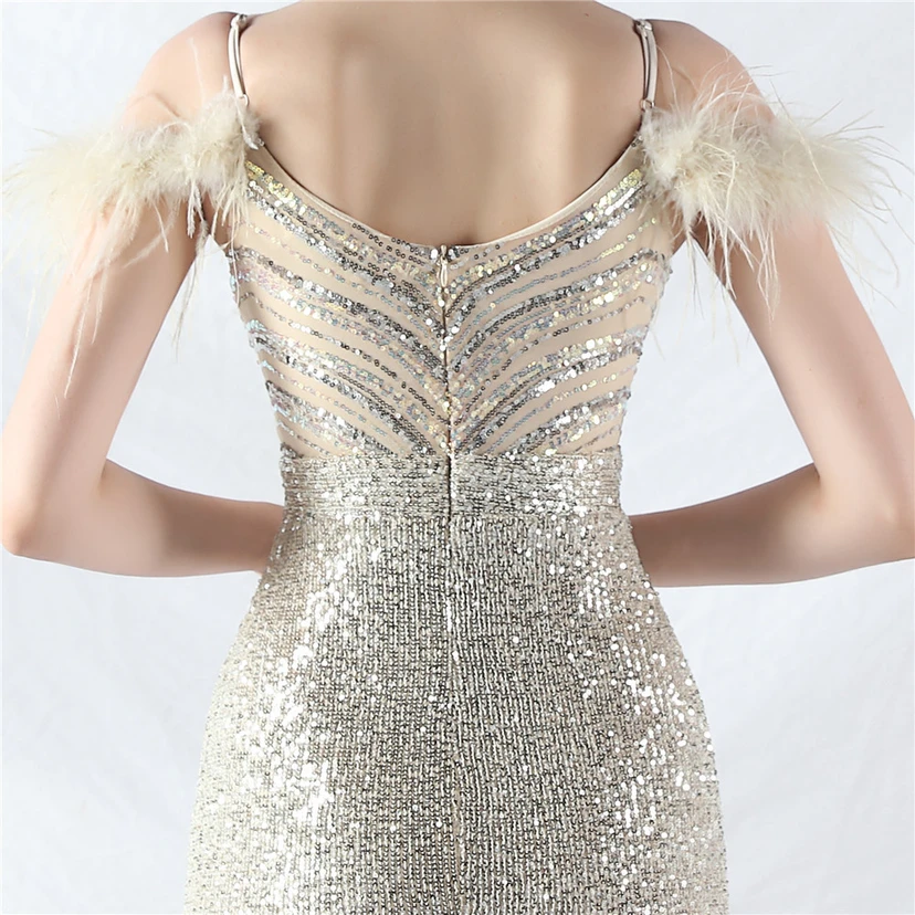 Elegantes Abendkleid mit Straußenfedern und Perlen, sexy, lang, mit Trägern und Schlitz view 26