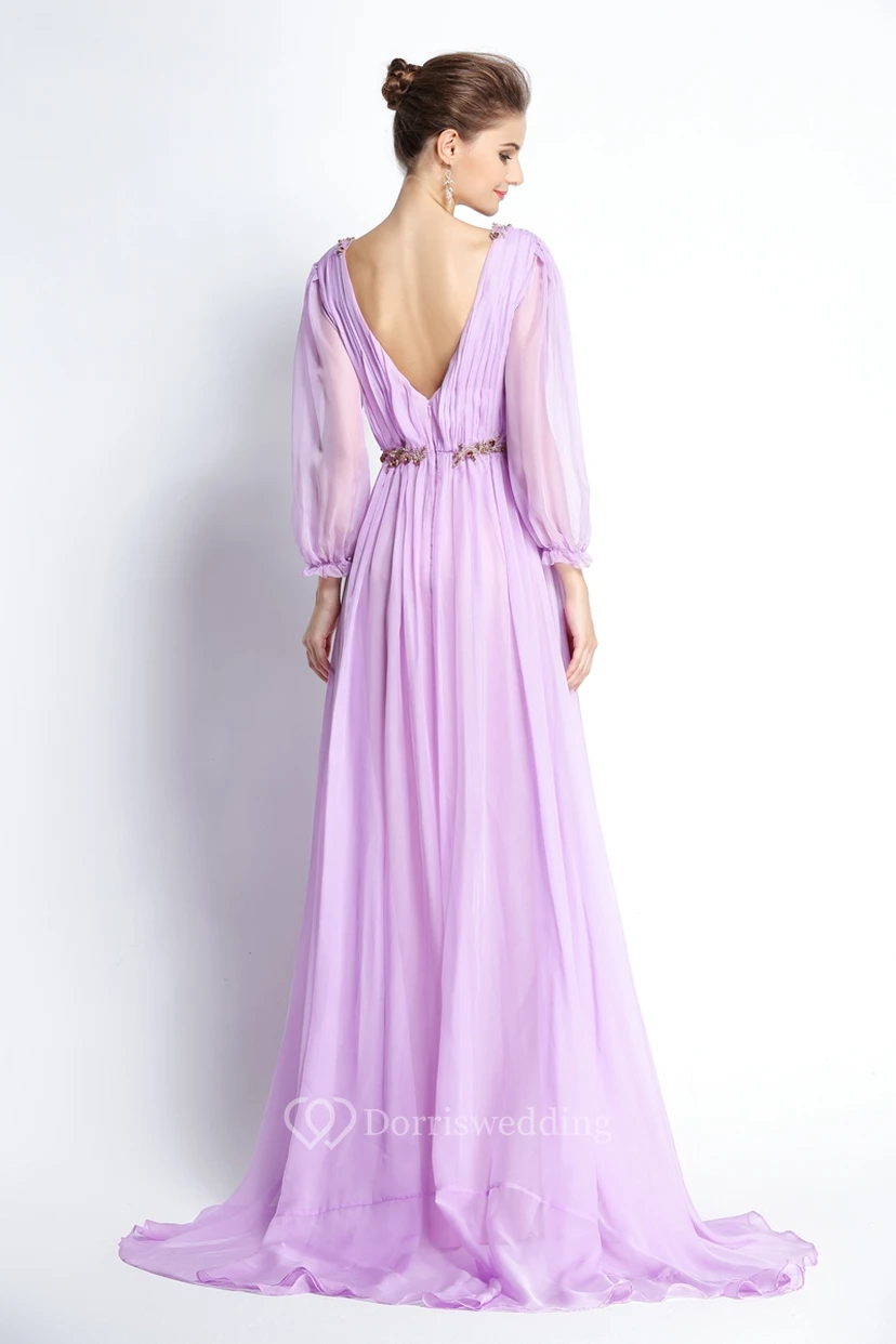 A-Line Floor-length Sweep Brush Train Bateau Chiffon Long Sleeve Prom Dress with Beading and Pleats view 2