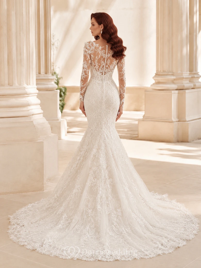 Robe de mariée sirène en dentelle florale à manches longues et col en V avec traîne chapelle view 2