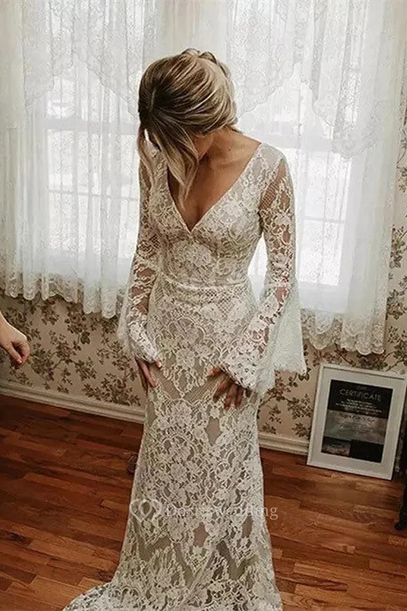 western mermaid wedding dress Unique Sweetheart Long-Sleeve Mermaid Floor-Length Lace Wedding Dresses with Chapel Train