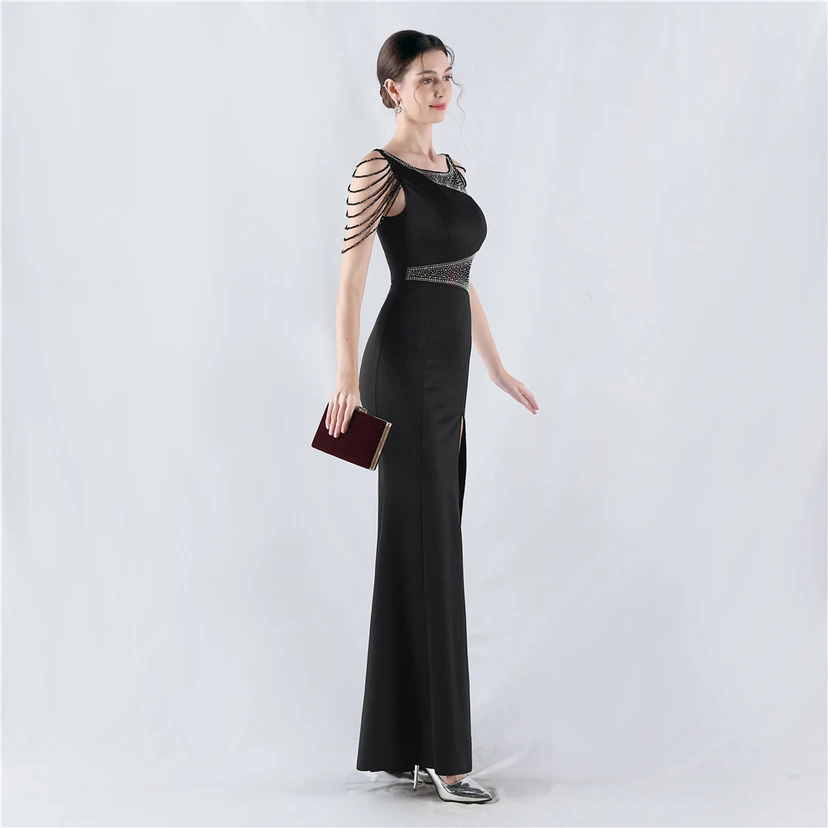Heavy Hot Diamonds For Transparent Mesh High-Slit Satin Evening Dress Annual Meeting Wedding view 4