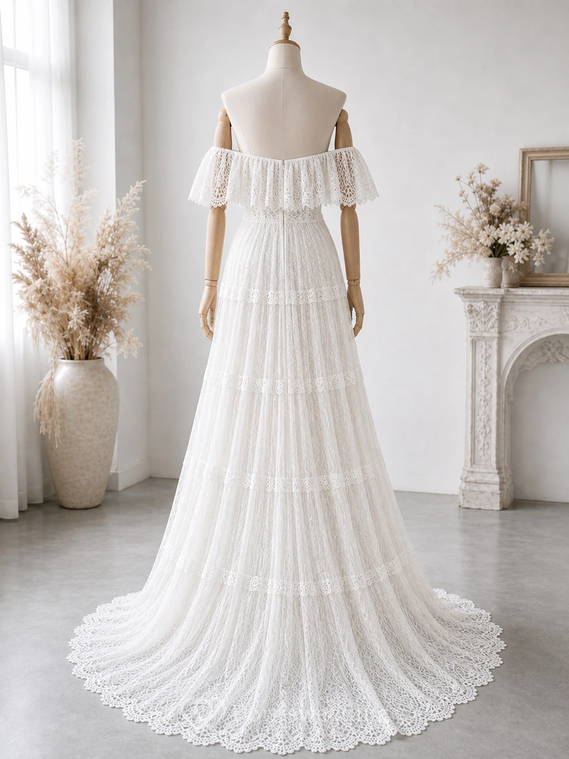 Boho Off-the-Shoulder Lace Vintage Wedding Dress with Layered Skirt view 10