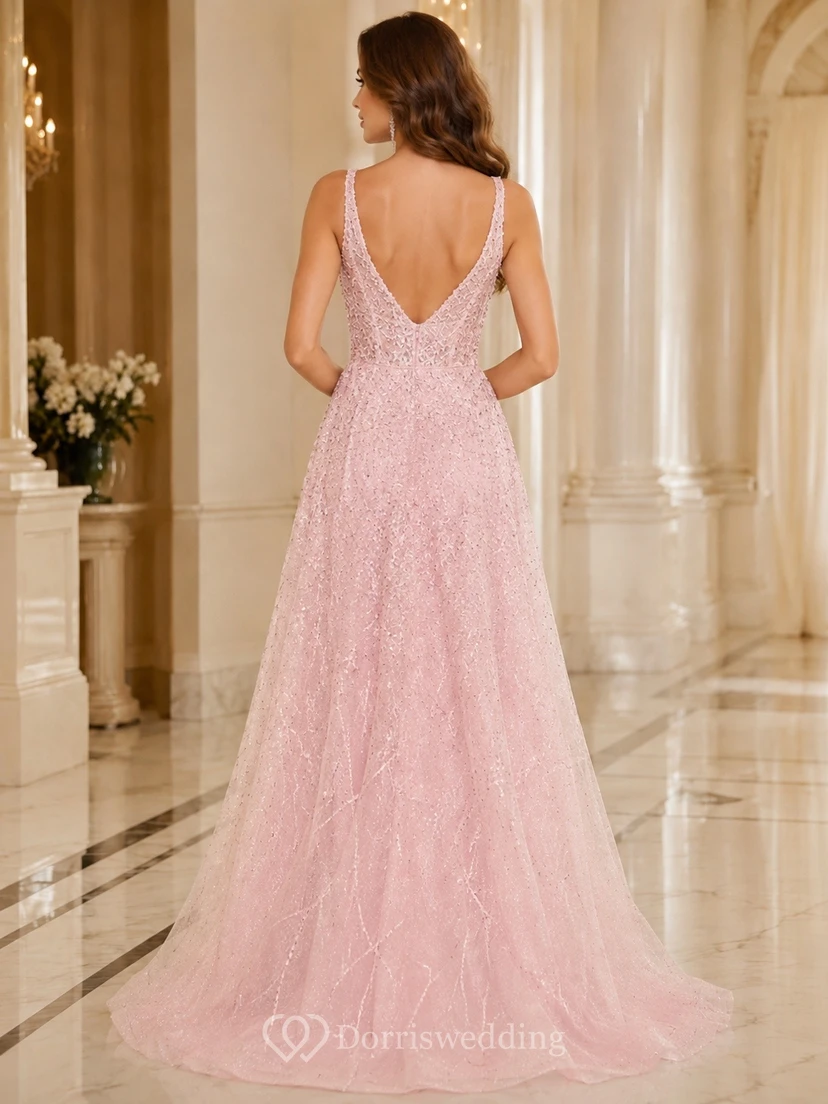 Sexy Elegant V Neck Glitter A Line Split Floor Length Formal Gown view 2