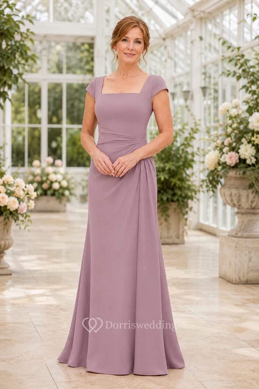 MOB-Kleid, mauvefarbener Chiffon, A-Linie, kurze Ärmel, eckiger Ausschnitt, bodenlang, drapiert