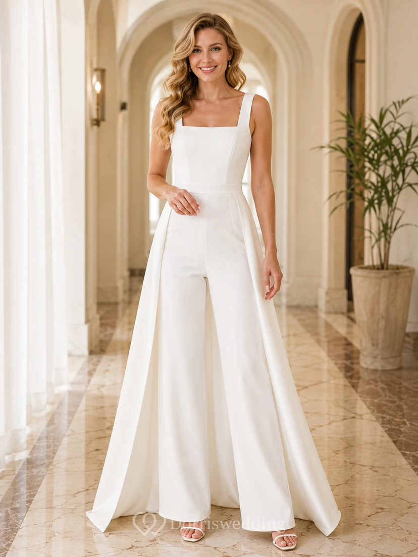 Combinaison de mariée civile de luxe, col carré, bretelles, jambes larges, cape