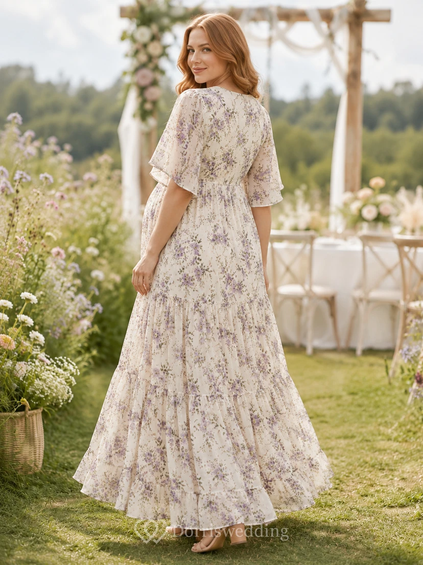 Robe longue de maternité à imprimé floral, idéale pour l'allaitement, avec col en V, manches papillon et volants. view 2