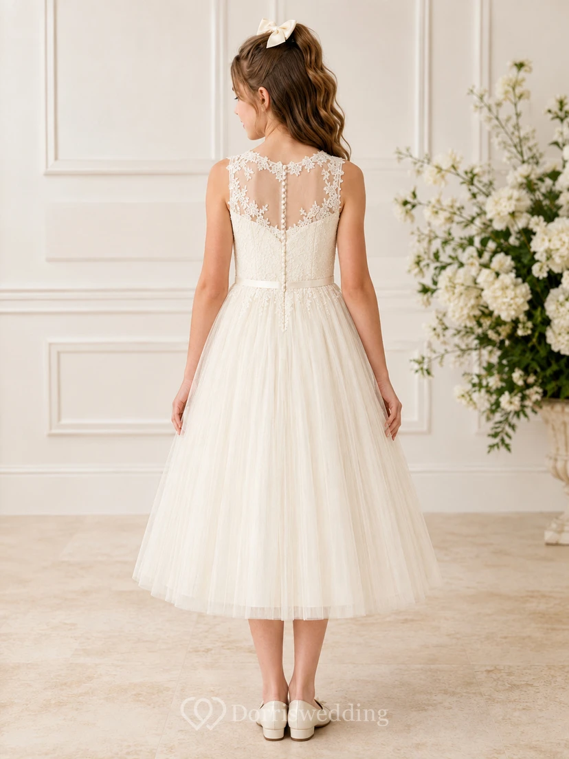 Elegant Lace Tea-Length A-Line Flower Girl Garden Wedding Tulle Dress With Illusion Jewel Neck view 2