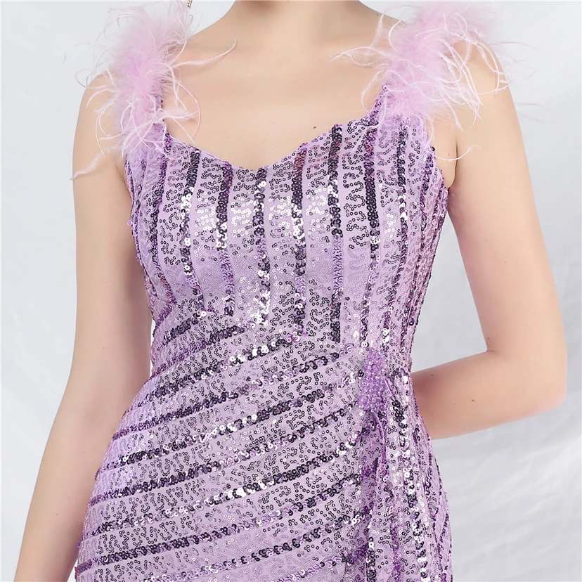 Evening Dress Craft Beaded Ostrich Feather Sequined Side Slit Evening Dress view 17