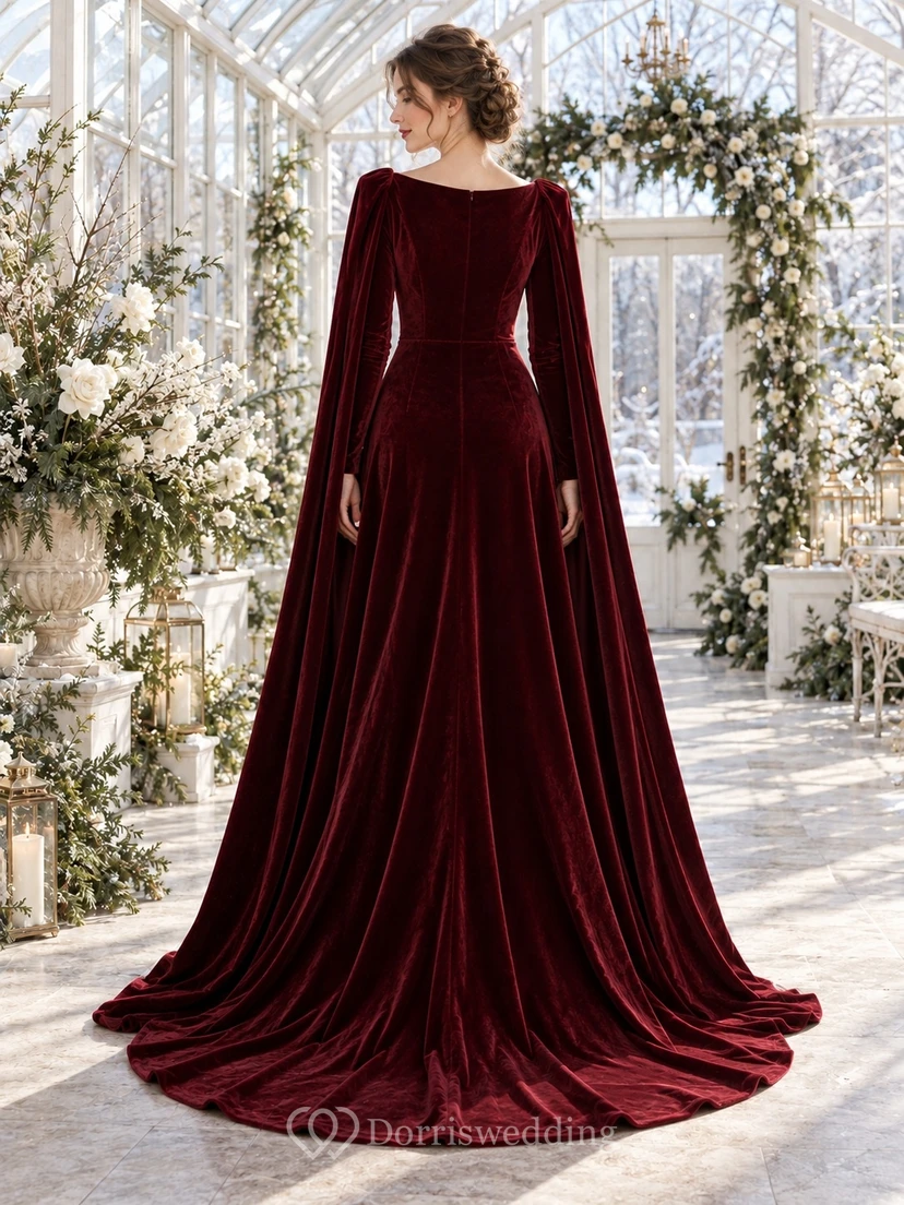 Vestido de novia de corte A con capa, manga larga y escote cuadrado, color burdeos, de terciopelo liso, ideal para invierno. view 2