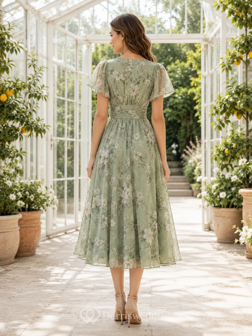 Sage Greenhouse Hochzeitsgastkleid, A-Linie, Chiffon, Spitze, V-Ausschnitt, kurze Ärmel, Teelänge, Blumenmuster view 2