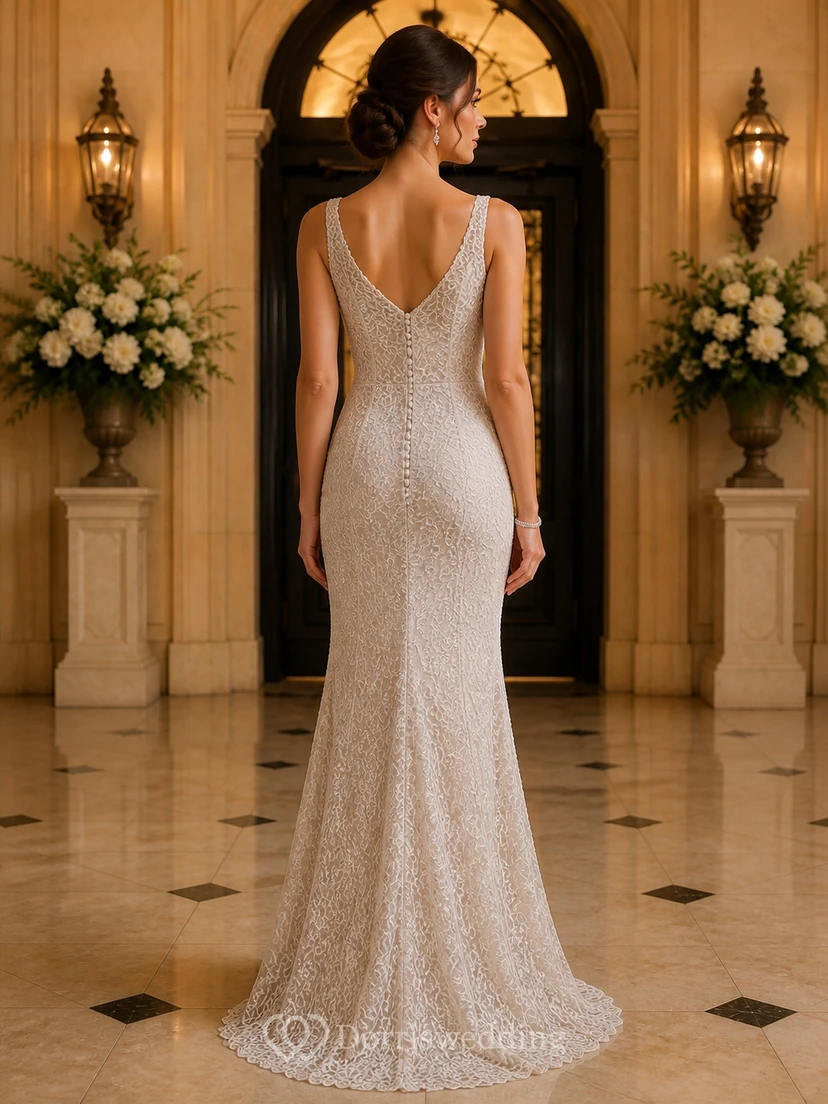 Vestido de novia sencillo de corte recto con escote en V, tirantes y encaje, largo hasta el suelo. view 2