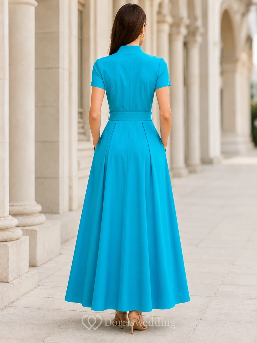 Vestido formal largo hasta el suelo de gasa turquesa sencilla con mangas cortas y corte en A. view 2