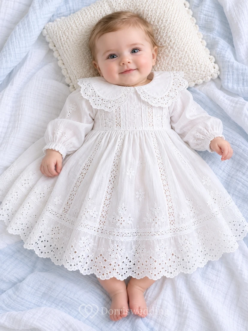Long Sleeve White Rounded Collar Eyelet Lace Panel Baptism Dress