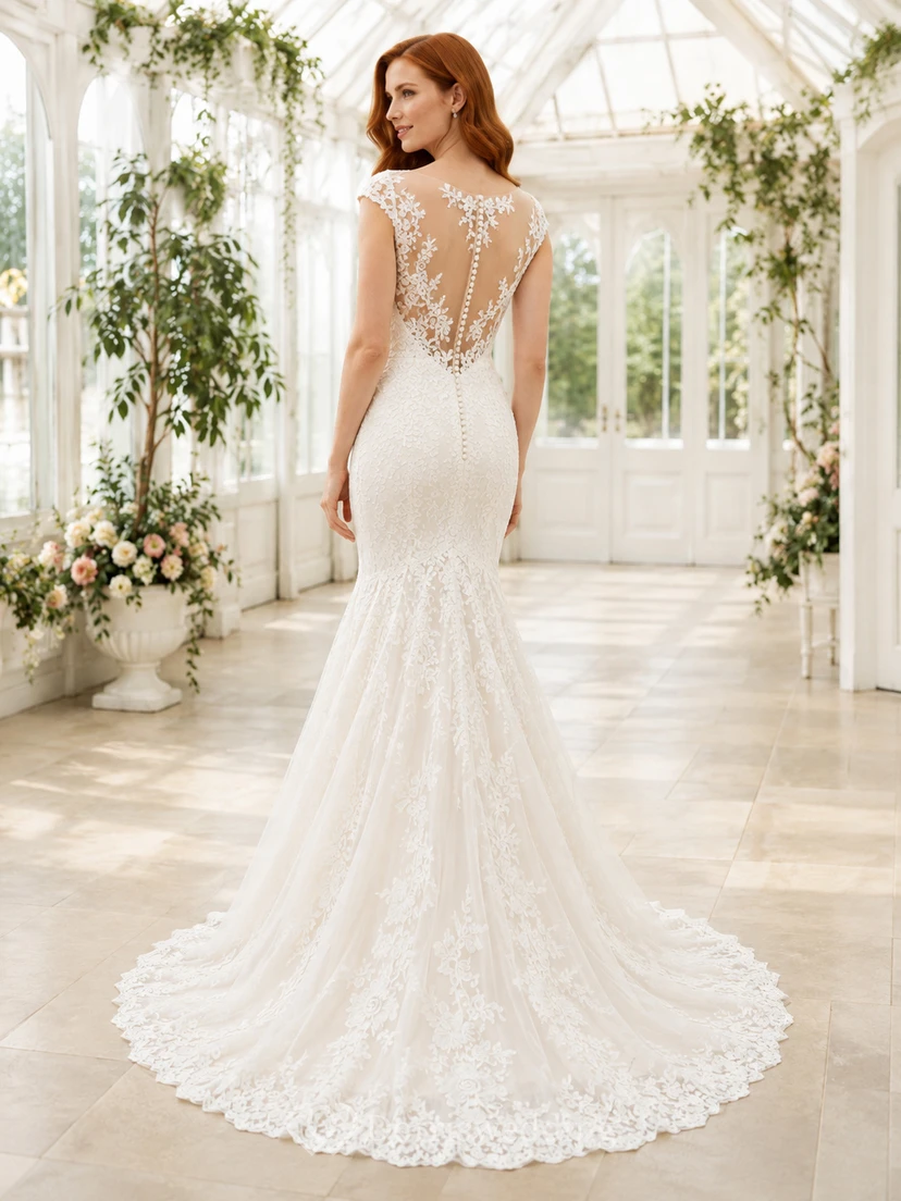 Robe de mariée sirène romantique à manches bateau et boutons en dentelle view 2