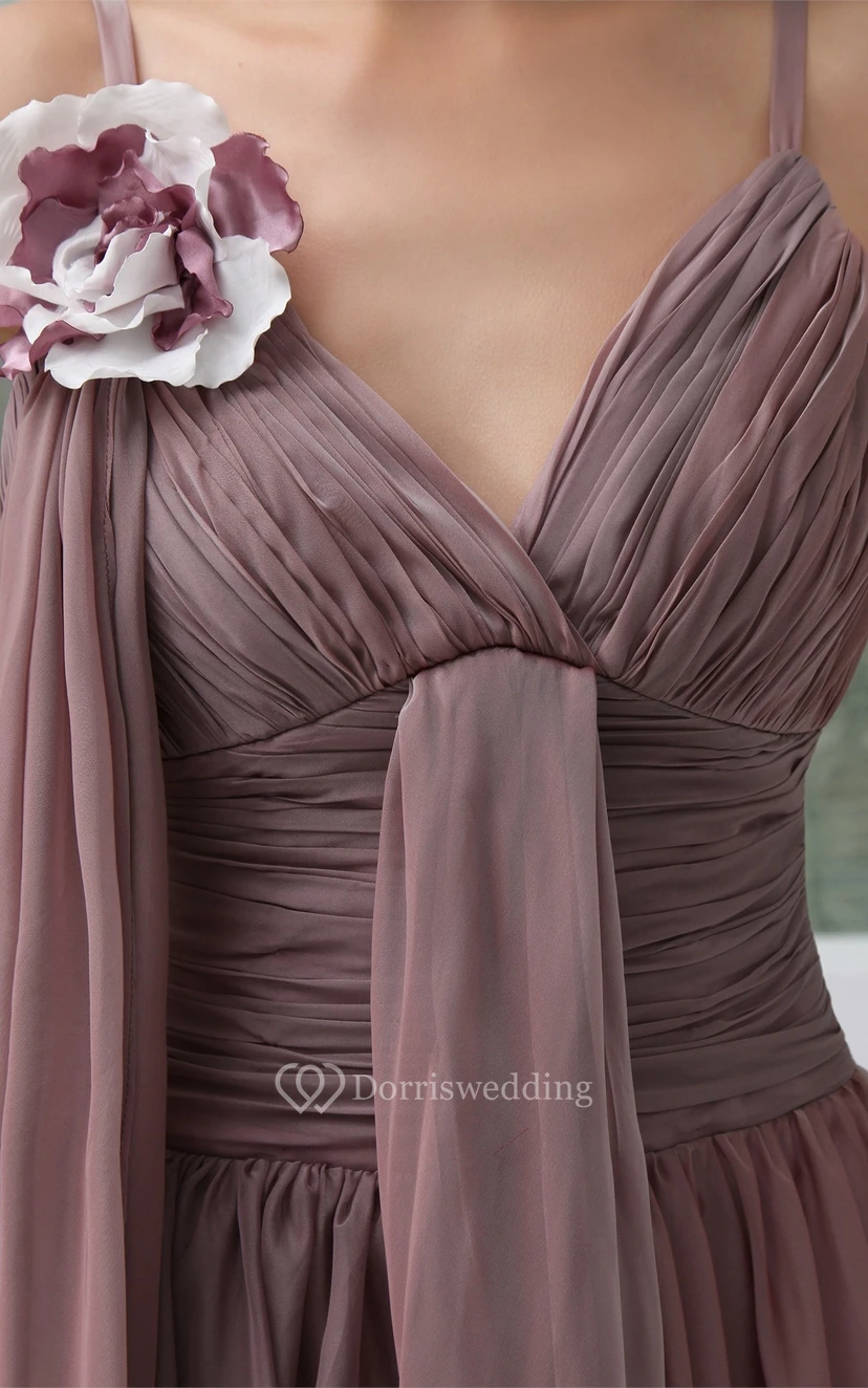 Spaghetti Straps Side Draping Ankle Length Ruched Gown With Ruffles and Flower view 8