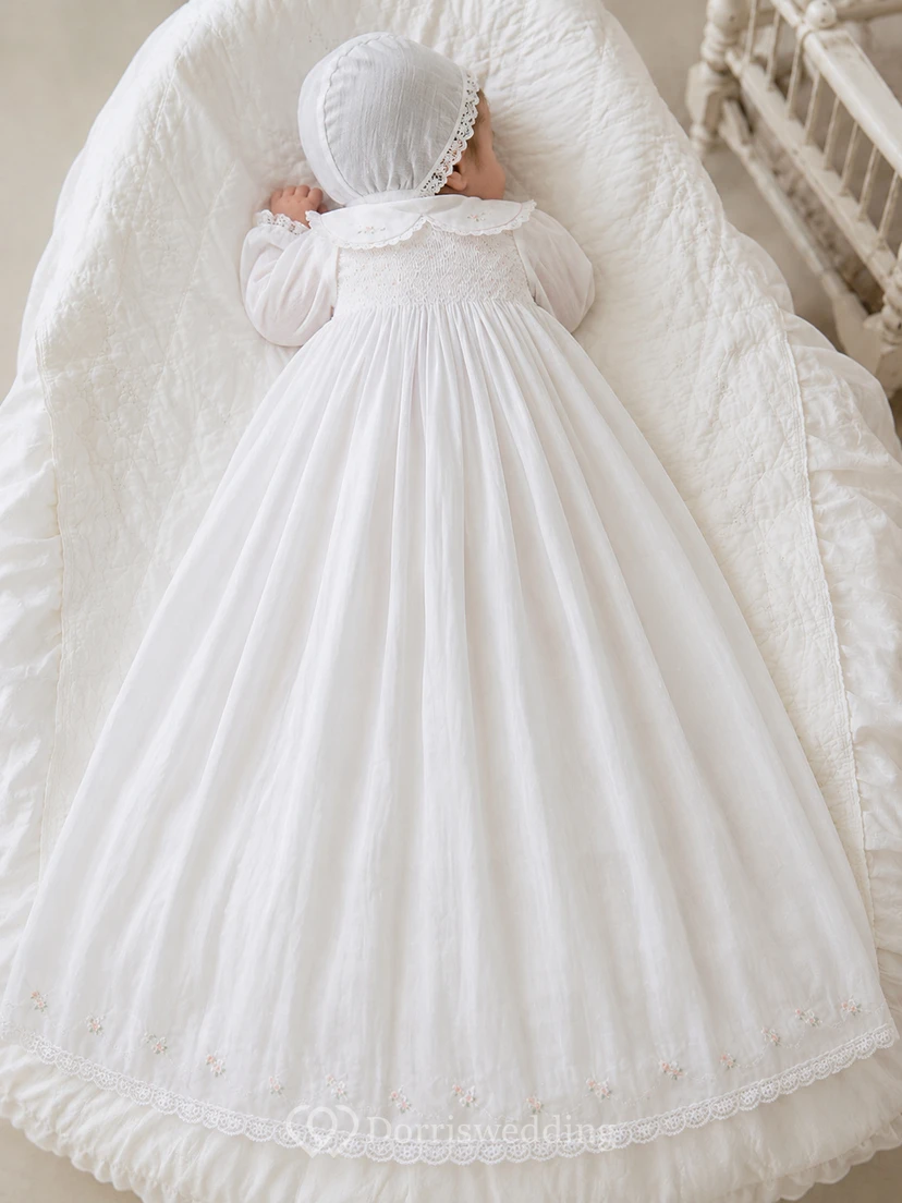 Cotton Batiste Newborn Christening A-Line Long Sleeve Floor-Length Gown Simple Vintage view 2