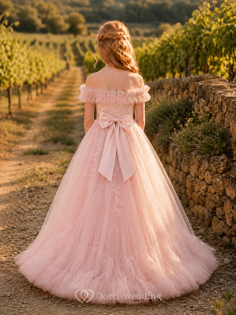 Blumenmädchenkleid aus rosafarbenem Tüll, A-Linie, kurze Ärmel, schulterfrei, bodenlang, Schleife am Rücken view 2