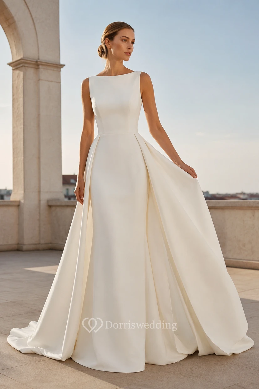 Robe de mariée ivoire en satin, coupe trapèze, col carré et dos nu en V.