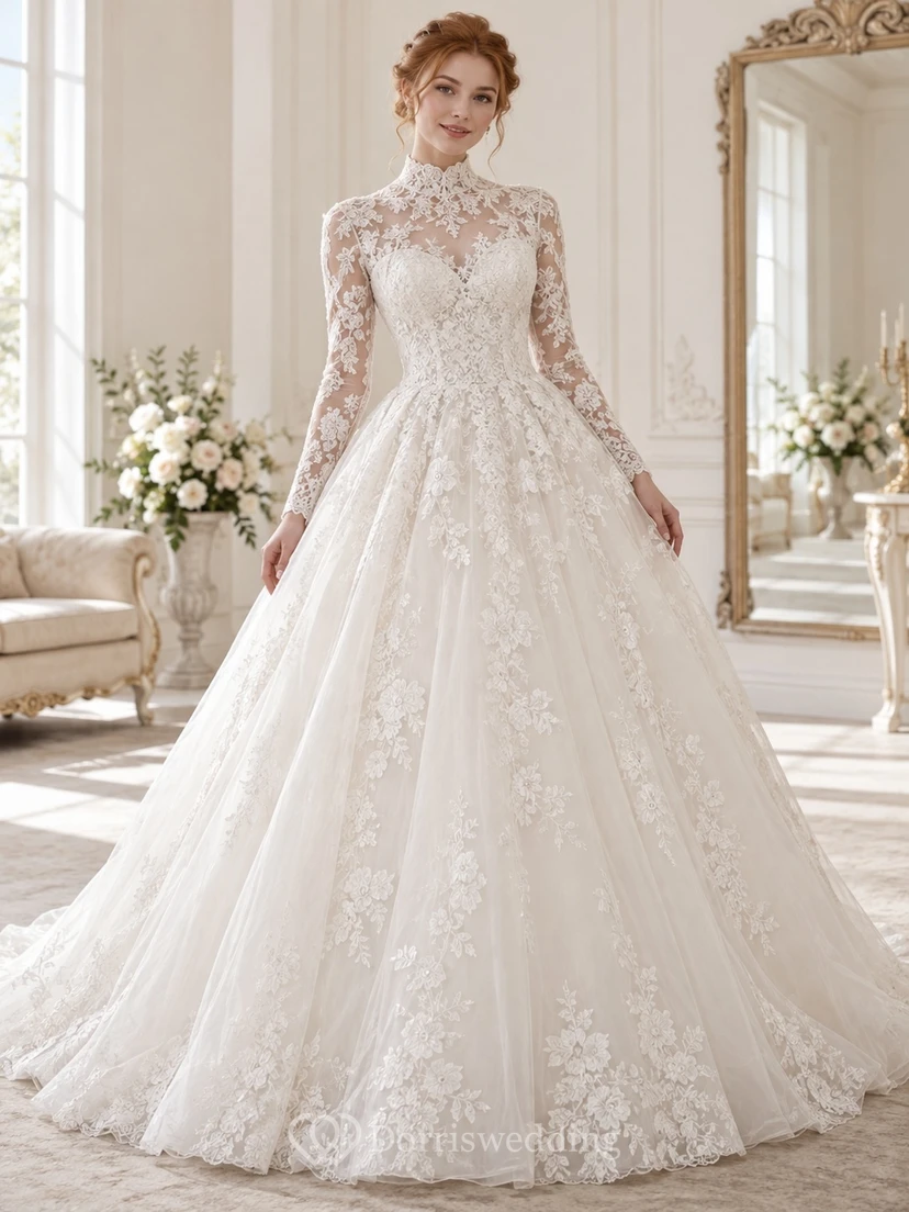 Robe de mariée de bal en tulle fleuri à col montant et manches longues, style modeste, ornée de fleurs.
