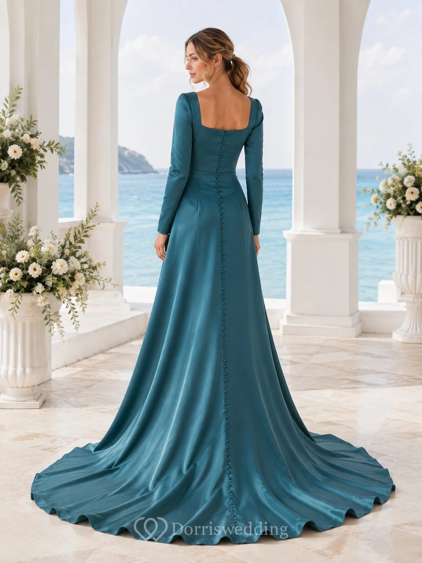 Langärmeliges, stahlblaues Brautkleid aus Satin mit eckigem Ausschnitt, A-Linie und Kapellenschleppe, aus Satin, mit stahlblauen Ärmeln und Kapellenschleppe view 2