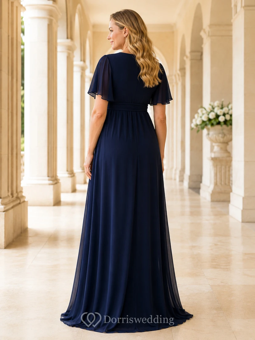 Vestido de maternidad de gasa azul marino oscuro con escote en V y mangas con volantes, estilo imperio, ideal para invitadas. view 2