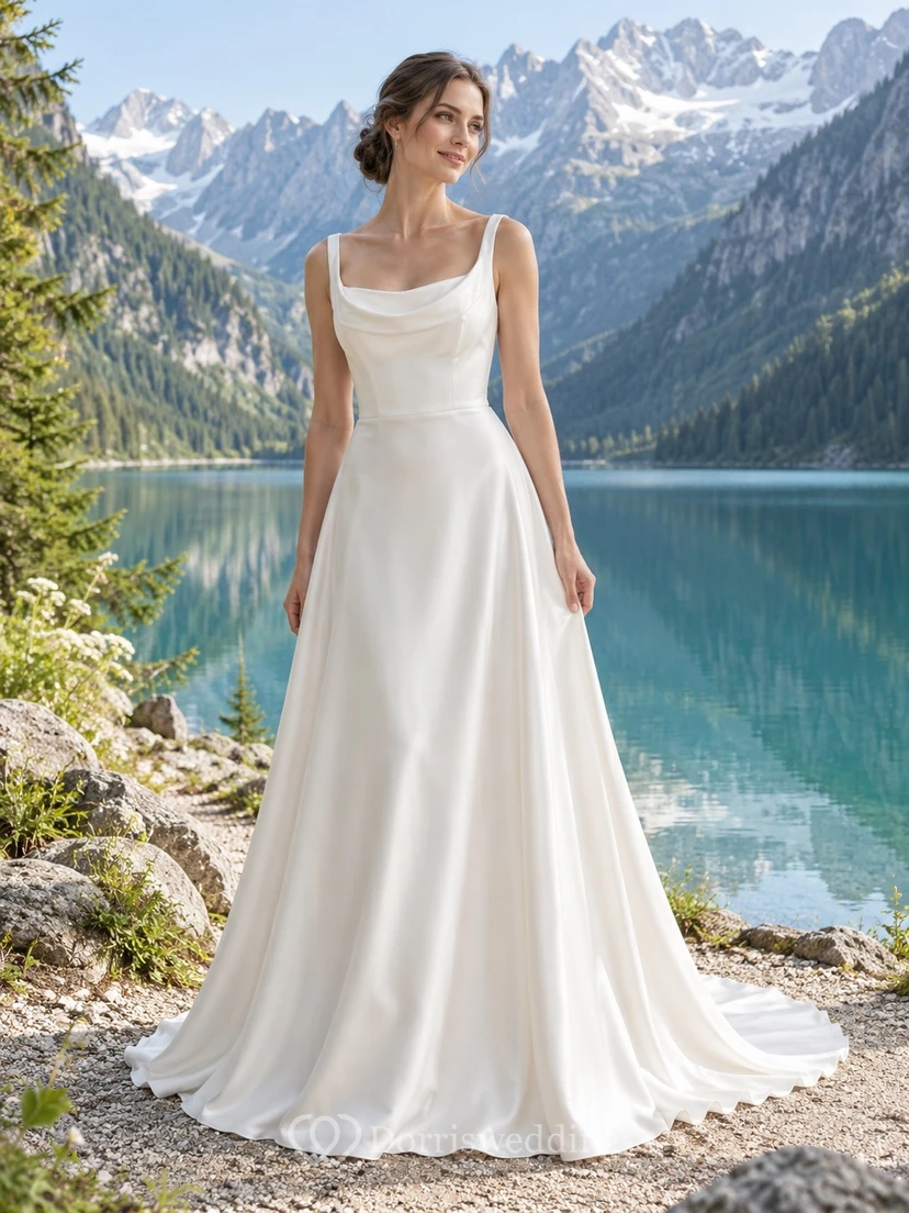 Vestido de novia sencillo de corte A, sin mangas, de satén elástico con cola.