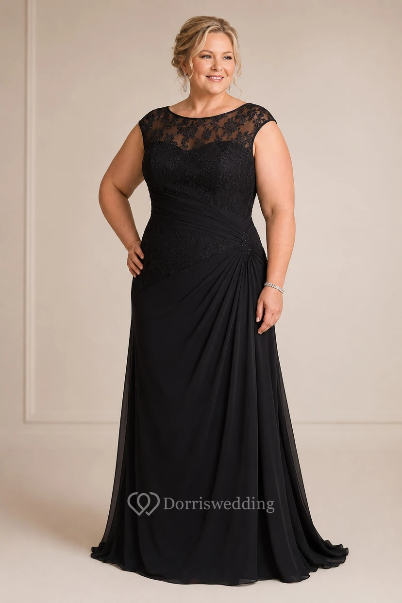 Chiffon-Etui-Kleid mit Rundhalsausschnitt und seitlicher Drapierung, das die Mutter der Braut ziert view 11