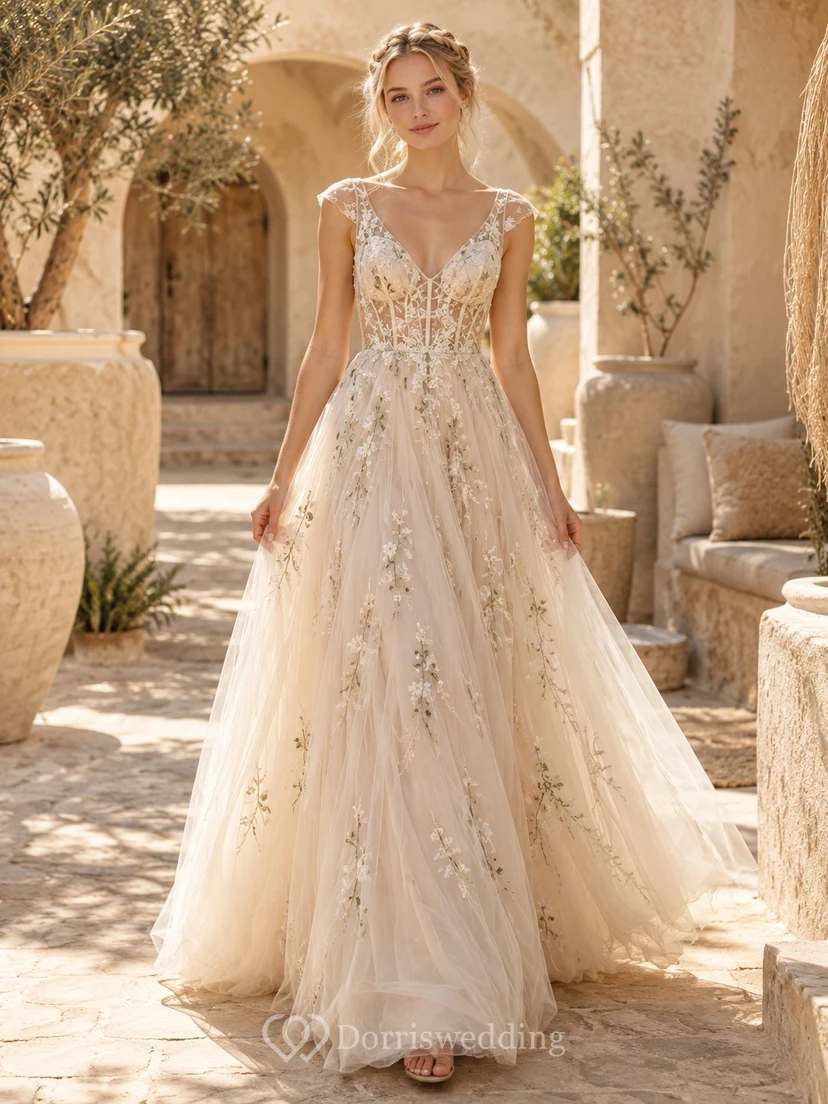 Boho Champagne V-neck Floral Embroidered Tulle A-line Sweet Sixteen Gown