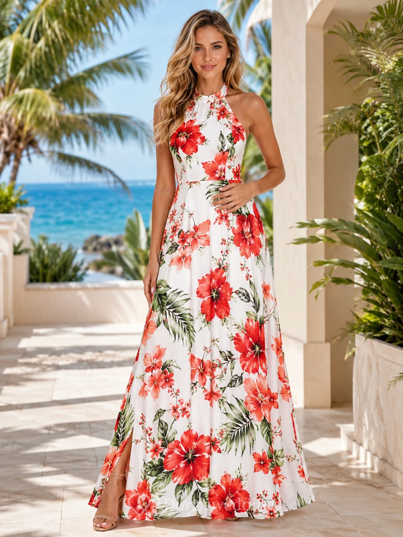 Red Hibiscus Halter Split Front Beach Maxi Dress