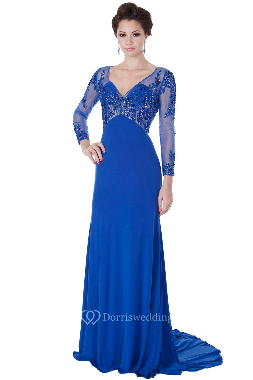 Perlenbesetztes, langärmeliges Maxi-Abendkleid aus Chiffon mit V-Ausschnitt und Applikationen