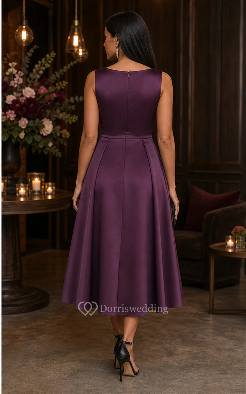 Robe cocktail prune en satin, coupe trapèze, longueur thé view 2