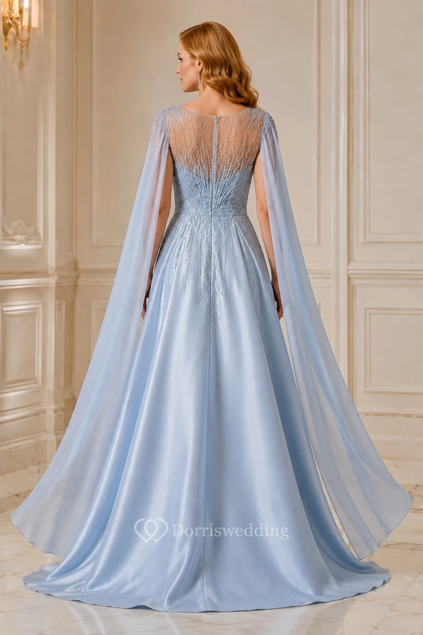 Robe de soirée bleu acier à manches cape et corsage illusion orné de perles view 2