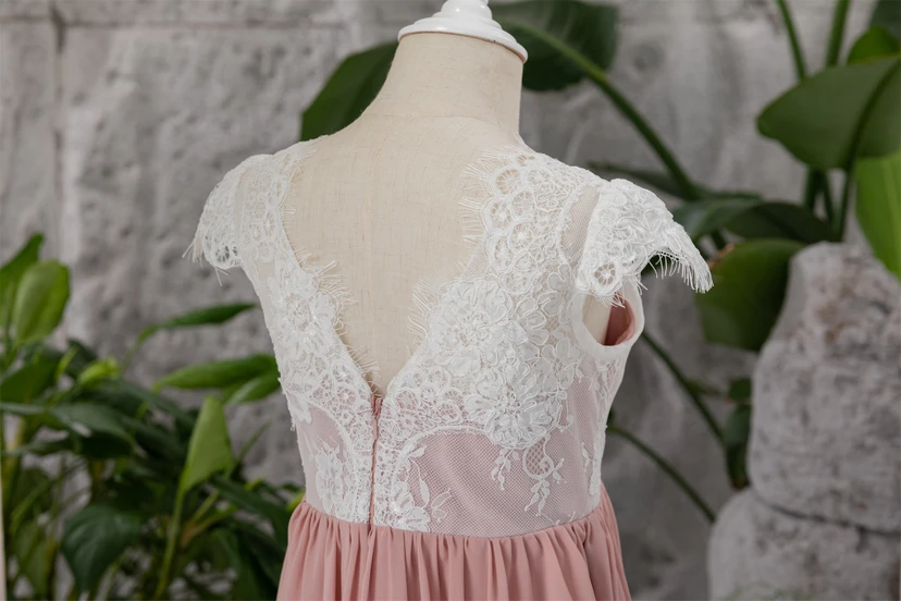 Lace Cap White and Coral Empire Chiffon Floor-length Flowergirl Dress view 9