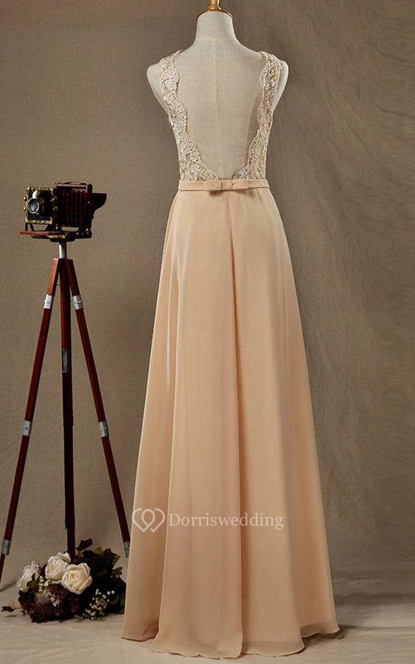 Illusion Lace Bateau Sleeveless A-line Chiffon Long Dress With Open Back view 4