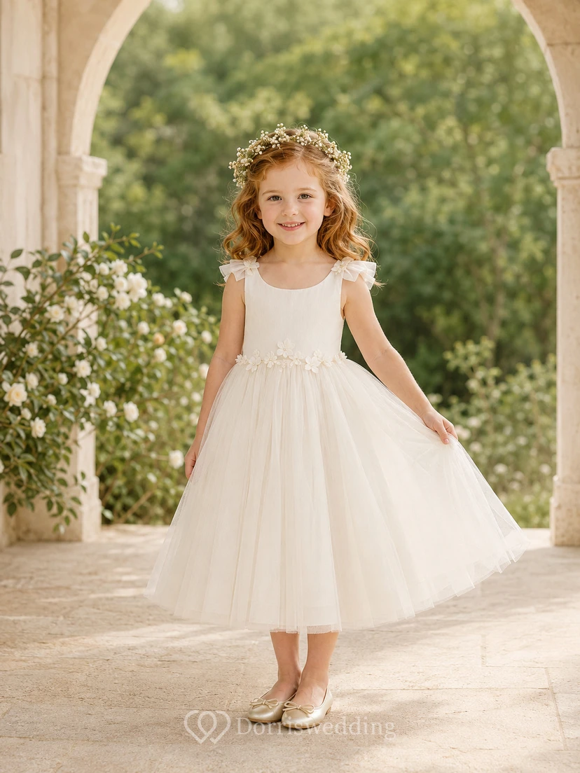Bow Back Tulle A-Line Flower Girl Dress with Jewel Neck and Tea-Length Skirt