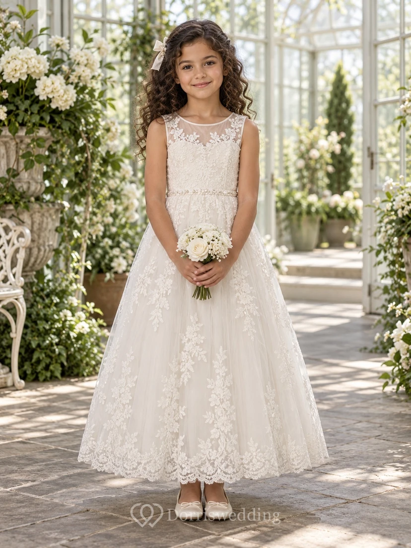 Vestido de niña de flores modesto, de corte A, sin mangas, con encaje y estampado floral color marfil, largo hasta los tobillos y borde festoneado.