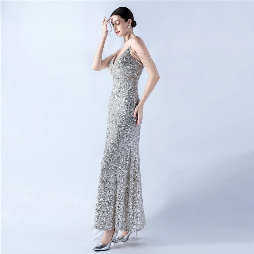 Sling A-Line Large Swing Mesh Sequin Evening Dress view 58