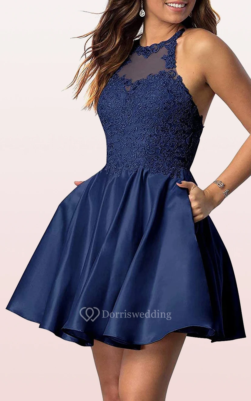 Robe de bal simple mini trapèze sans manches en satin et dentelle avec appliques view 6